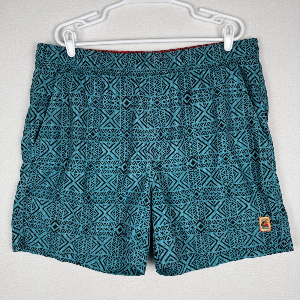 VTG Tommy Bahama Mens L Teal Geometric‎ Tribal Y2K Swim Trunks Mesh Lined Short